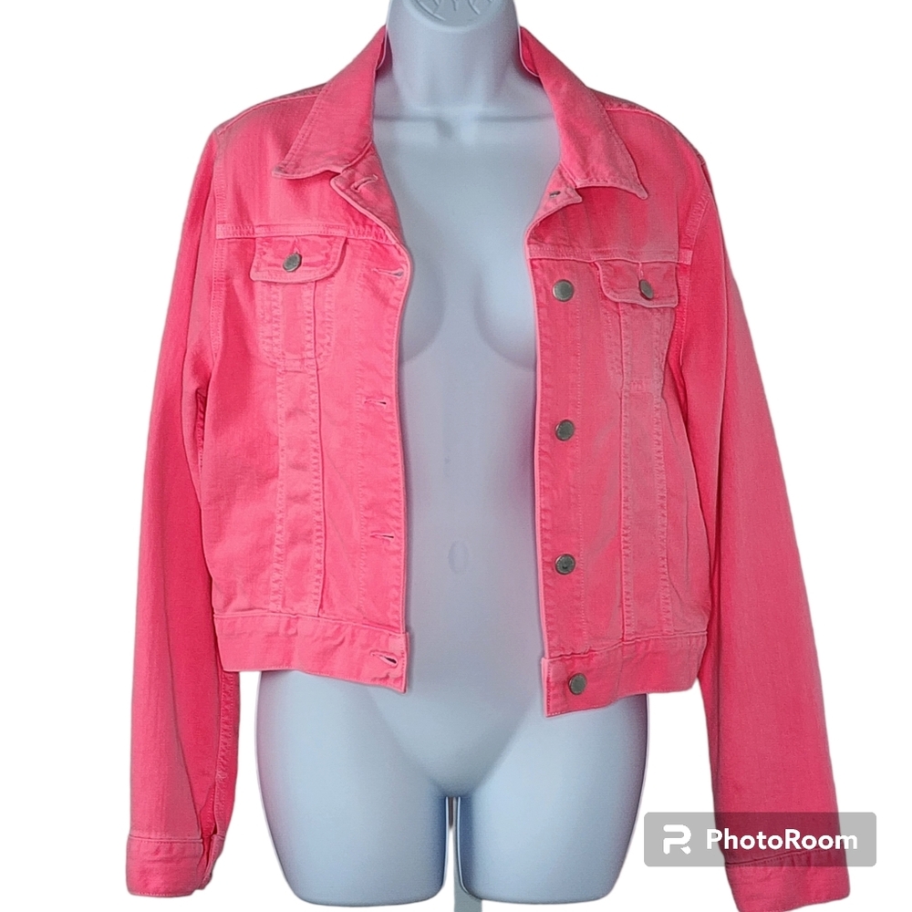 J Brand-Christopher Kane jacket denim neon pink-peach button front sz lrg 🎉 HP - Picture 4 of 16